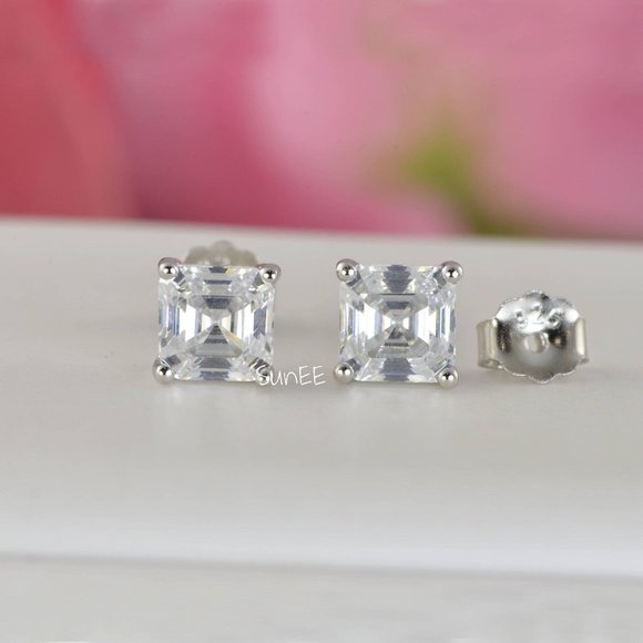 2ctw NEW ASSCHER DIAMOND CUT STUD EARRINGS - Picture 1 of 2